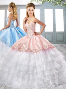 Embroidery and Ruffled Layers Vestidos de Quinceanera Pink and Pink And White Lace Up Sleeveless Court Train