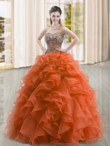 Organza Sweetheart Sleeveless Lace Up Beading and Ruffles Quinceanera Gown in Rust Red