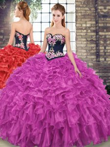 Elegant Fuchsia Lace Up Ball Gown Prom Dress Embroidery and Ruffles Sleeveless Sweep Train