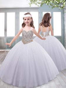 White Ball Gowns Beading Little Girls Pageant Dress Wholesale Lace Up Tulle Sleeveless Floor Length