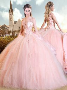 Dynamic Pink Straps Lace Up Beading and Appliques Vestidos de Quinceanera Sweep Train Sleeveless