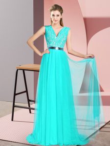 Stylish Turquoise Dress for Prom Prom and Party with Beading and Lace V-neck Sleeveless Sweep Train Zipper