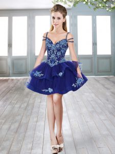 Elegant Royal Blue A-line Spaghetti Straps Sleeveless Organza Mini Length Lace Up Beading and Appliques Prom Gown