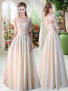 Champagne Lace Up Scalloped Lace Prom Gown Satin Half Sleeves