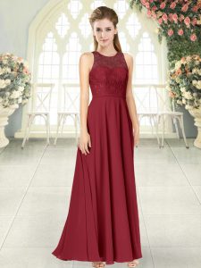 Custom Designed Burgundy Empire Chiffon Scoop Sleeveless Lace Floor Length Backless Prom Gown