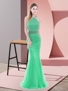 Custom Fit Green Halter Top Backless Beading Prom Dresses Sweep Train Sleeveless