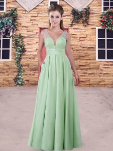 Sleeveless Floor Length Lace Backless Damas Dress with Apple Green