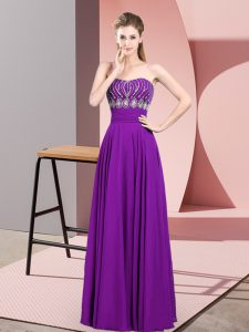 Purple Sleeveless Floor Length Beading Zipper Evening Dress
