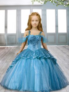 Floor Length Aqua Blue Kids Pageant Dress Straps Sleeveless Lace Up