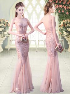 Flare Scoop Sleeveless Backless Prom Evening Gown Pink Tulle