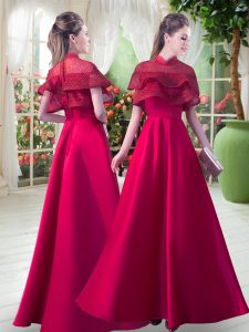Designer A-line Prom Dresses Red High-neck Satin Short Sleeves Floor Length Zipper