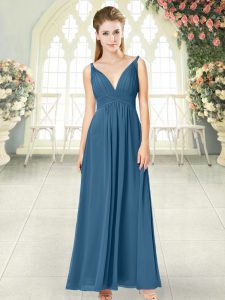 Admirable Blue Sleeveless Ankle Length Ruching Backless Prom Evening Gown