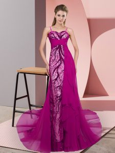 Fantastic Sleeveless Chiffon Sweep Train Zipper Evening Dress in Fuchsia with Beading and Lace