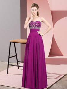 Beading and Ruching Prom Gown Fuchsia Zipper Sleeveless Floor Length