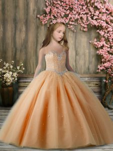 Cute Orange Tulle Lace Up Little Girls Pageant Gowns Sleeveless Floor Length Beading