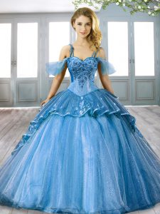 Hot Selling Sweep Train Ball Gowns Sweet 16 Dresses Blue Spaghetti Straps Organza Sleeveless Lace Up