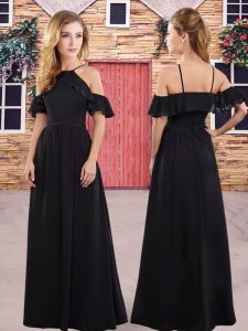 Black Empire Ruching Dama Dress for Quinceanera Zipper Chiffon Sleeveless Floor Length