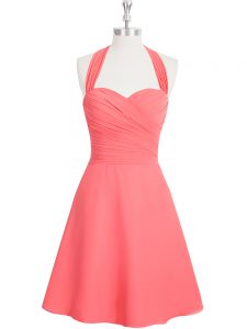 Watermelon Red Chiffon Zipper Prom Dress Sleeveless Mini Length Ruching