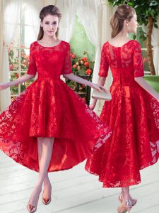 High Low A-line Half Sleeves Red Prom Dress Zipper