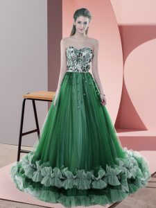 Green Tulle Lace Up Sweetheart Sleeveless Evening Dress Sweep Train Beading and Appliques