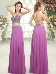 Lilac Two Pieces Sweetheart Sleeveless Chiffon Floor Length Backless Beading Homecoming Dress