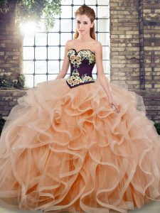 Peach Tulle Lace Up Sweetheart Sleeveless Sweet 16 Quinceanera Dress Sweep Train Embroidery and Ruffles