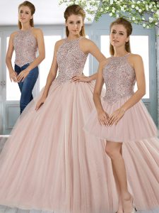 Simple Pink Vestidos de Quinceanera Military Ball and Sweet 16 and Quinceanera with Beading Halter Top Sleeveless Sweep 