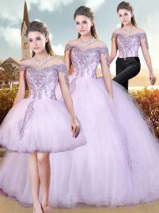 Lavender Ball Gowns Beading and Appliques Quince Ball Gowns Lace Up Cap Sleeves Floor Length