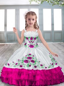 Lovely Fuchsia Straps Lace Up Embroidery Little Girls Pageant Dress Wholesale Sleeveless