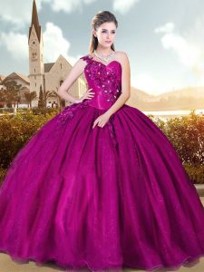 Elegant Fuchsia Ball Gowns Beading and Appliques Sweet 16 Dress Lace Up Sleeveless Floor Length