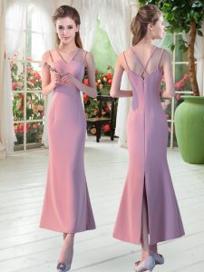 Sleeveless Ankle Length Ruching Zipper Evening Dress with Pink