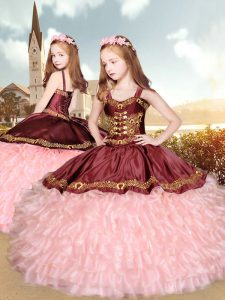 Burgundy and Pink Ball Gowns Straps Sleeveless Organza Floor Length Lace Up Embroidery and Ruffles Pageant Gowns For Gir