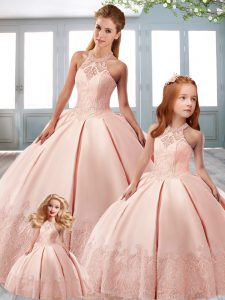 Custom Designed Pink Ball Gowns Pick Ups Quinceanera Dress Lace Up Satin Sleeveless