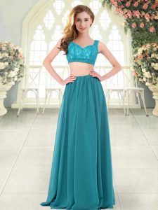 Straps Sleeveless Dress for Prom Floor Length Beading and Lace Teal Chiffon