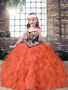 Fantastic Sleeveless Tulle Floor Length Lace Up Little Girls Pageant Dress in Orange Red with Embroidery and Ruffles