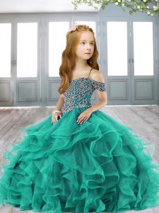Charming Turquoise Off The Shoulder Neckline Beading and Ruffles Little Girls Pageant Gowns Cap Sleeves Lace Up