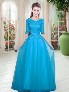 Decent Blue Scoop Lace Up Lace Homecoming Dress Half Sleeves
