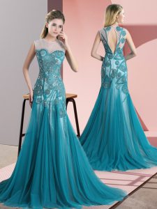 Teal Tulle Backless Prom Gown Sleeveless Sweep Train Beading and Appliques