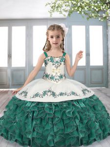 Floor Length Turquoise Pageant Gowns For Girls Organza Sleeveless Beading and Embroidery and Ruffles