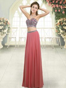 Unique Sweetheart Sleeveless Homecoming Dress Floor Length Beading Watermelon Red Chiffon