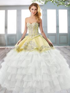 Sweep Train Ball Gowns Quince Ball Gowns Yellow Sweetheart Satin and Organza Sleeveless Lace Up