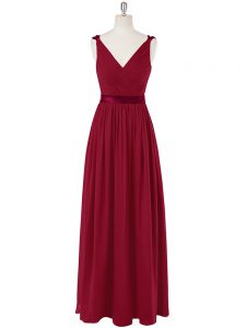 Customized V-neck Sleeveless Evening Dress Floor Length Ruching and Belt Wine Red Chiffon