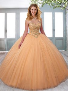 Adorable Orange Sleeveless Tulle Zipper Quinceanera Gown for Military Ball and Sweet 16 and Quinceanera