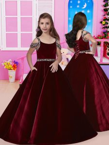 Super Off The Shoulder Sleeveless Lace Up Beading Pageant Dress for Girls in Wine Red
