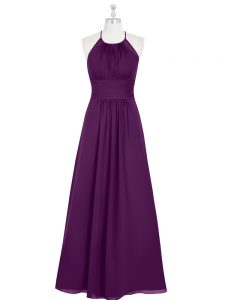 Chiffon Halter Top Sleeveless Zipper Ruching Prom Evening Gown in Eggplant Purple