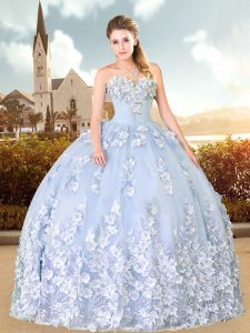 Lavender Tulle Lace Up Sweetheart Sleeveless Floor Length Quinceanera Gown Appliques