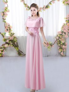Free and Easy Floor Length Rose Pink Damas Dress Chiffon Short Sleeves Appliques