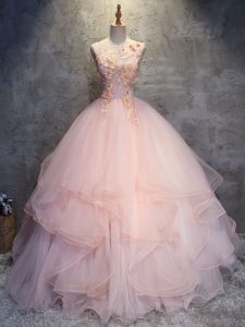 Glittering Pink Lace Up Sweet 16 Quinceanera Dress Appliques and Ruffles Sleeveless Floor Length