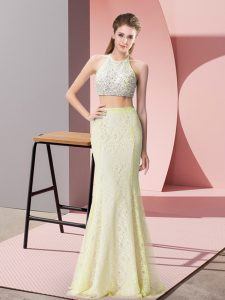Best Selling Light Yellow Sleeveless Lace Backless Prom Gown for Prom and Party and Military Ball