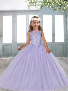 Lavender Ball Gowns Tulle Scoop Sleeveless Beading Floor Length Lace Up Pageant Gowns For Girls